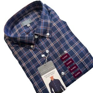Berkley Jensen Performance Sport‎ Shirt Navy Orange Plaid Stretch Mens XL NWT